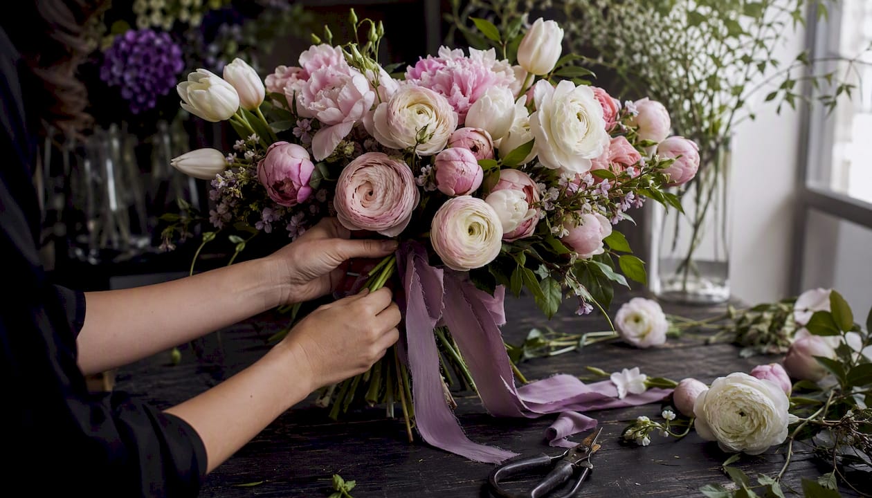Floral bouquet being assembled for engagement