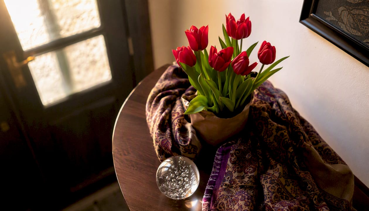 Potted purple hyacinth with Persian ribbon