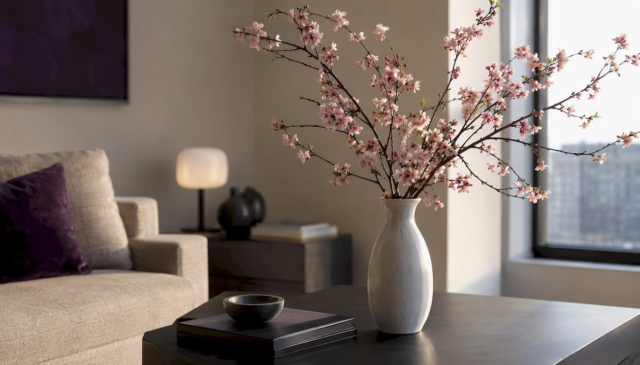 Cherry blossom branches in glass vase