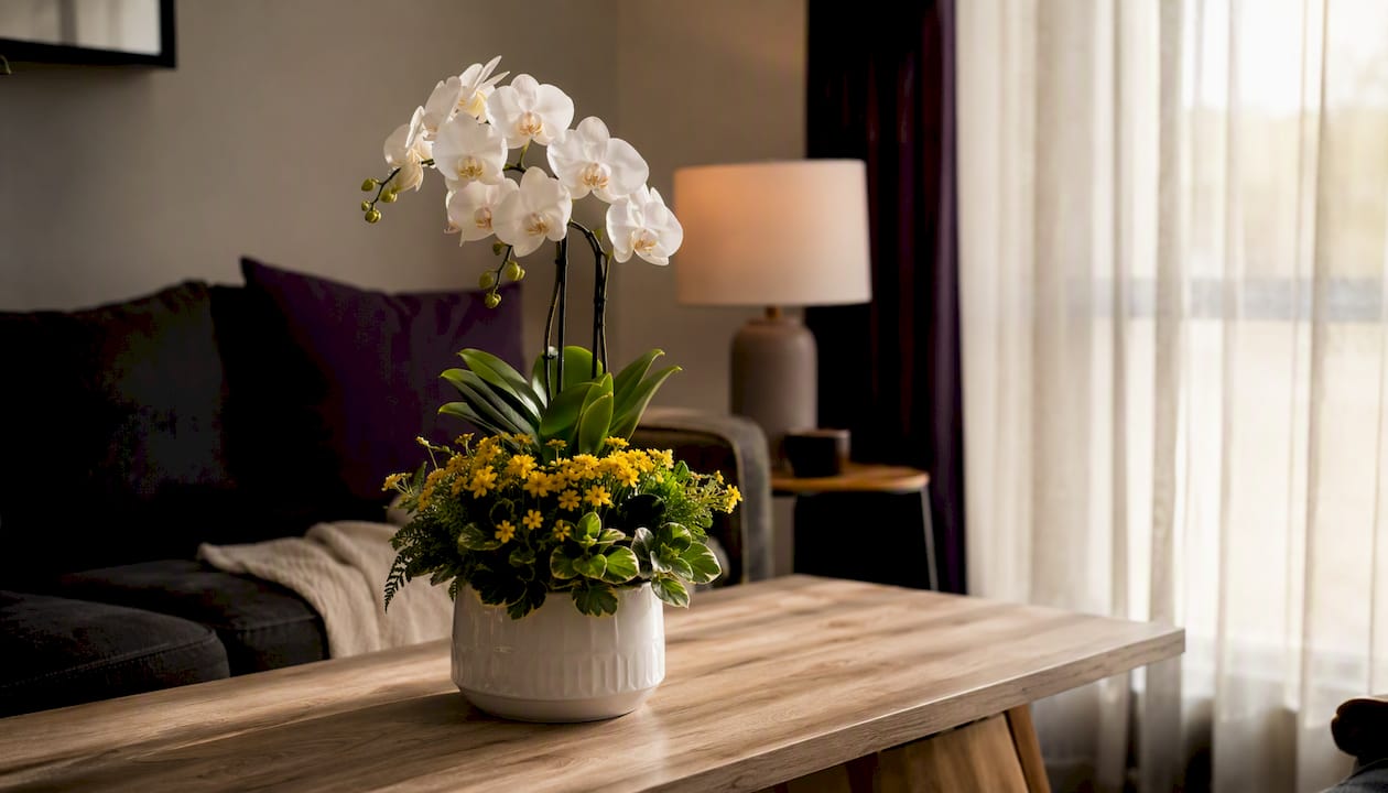 Potted orchid and seasonal flowers on white table