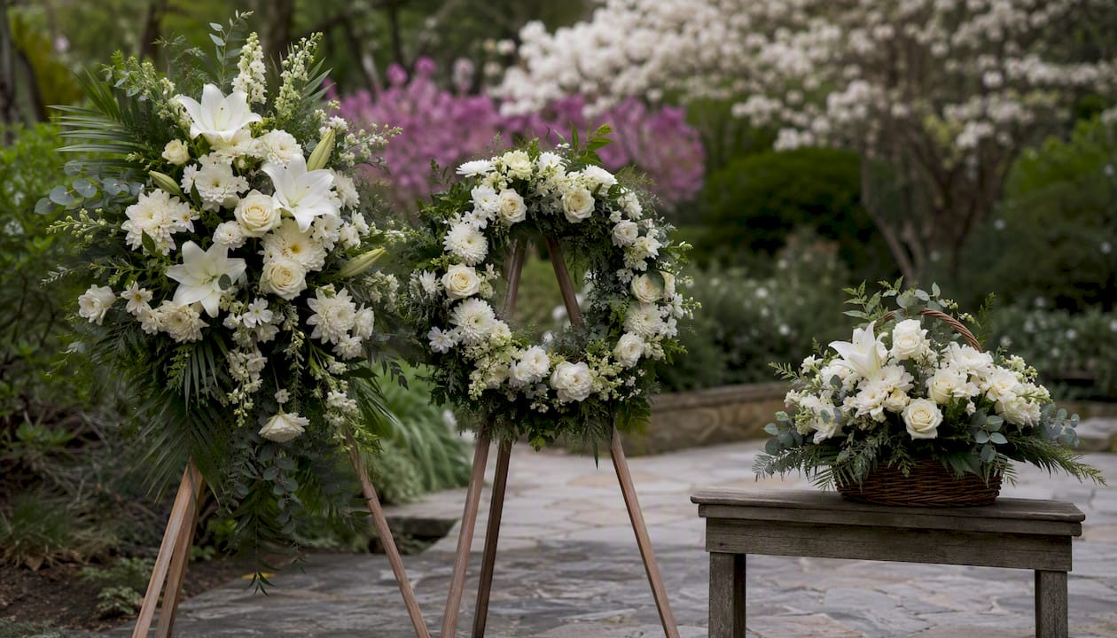 Variety of funeral flower arrangements in chapel