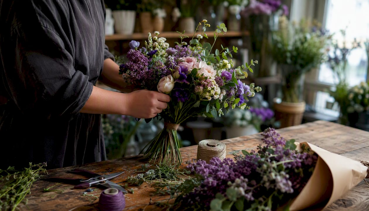 Florist arranging fresh bouquet for delivery