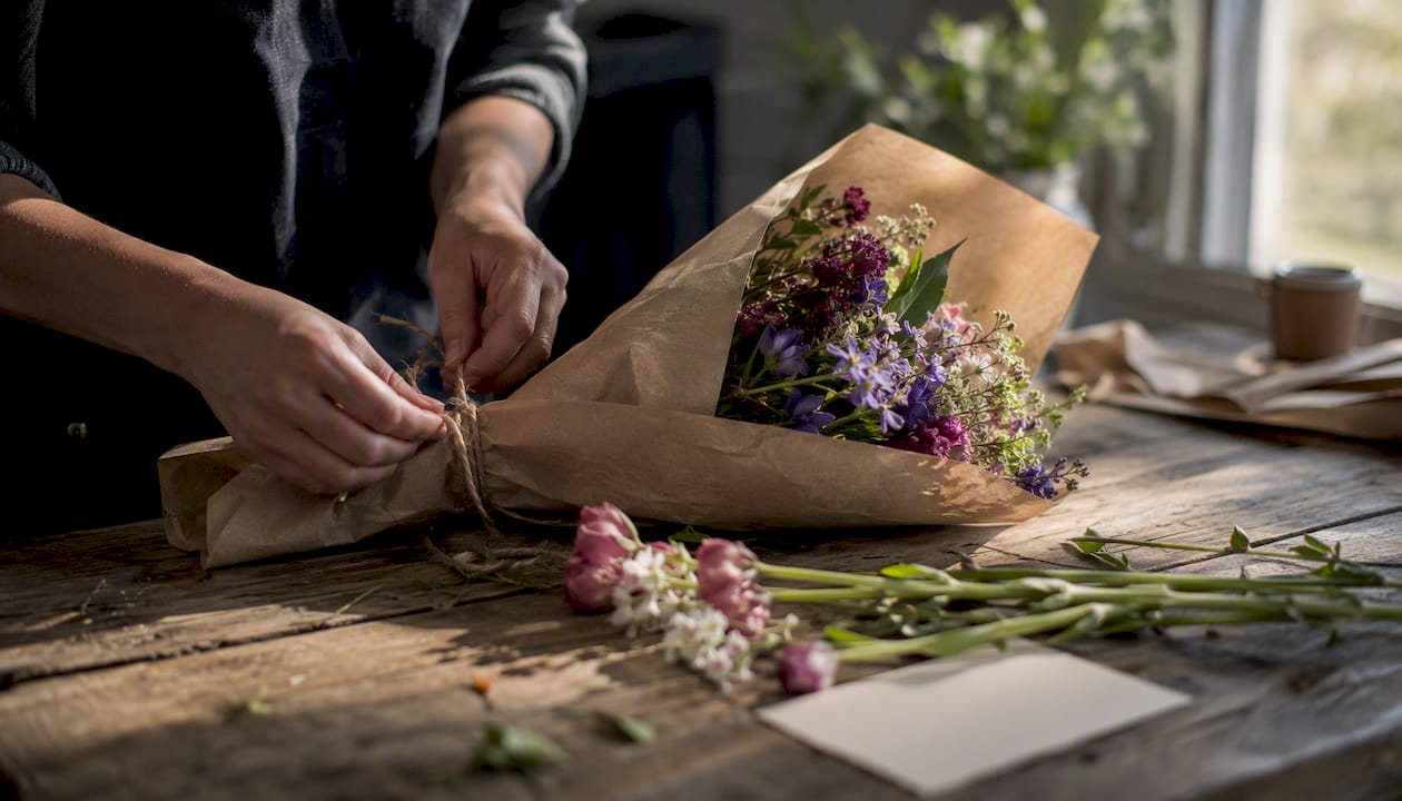 Wrapping grocery store bouquet with kraft paper