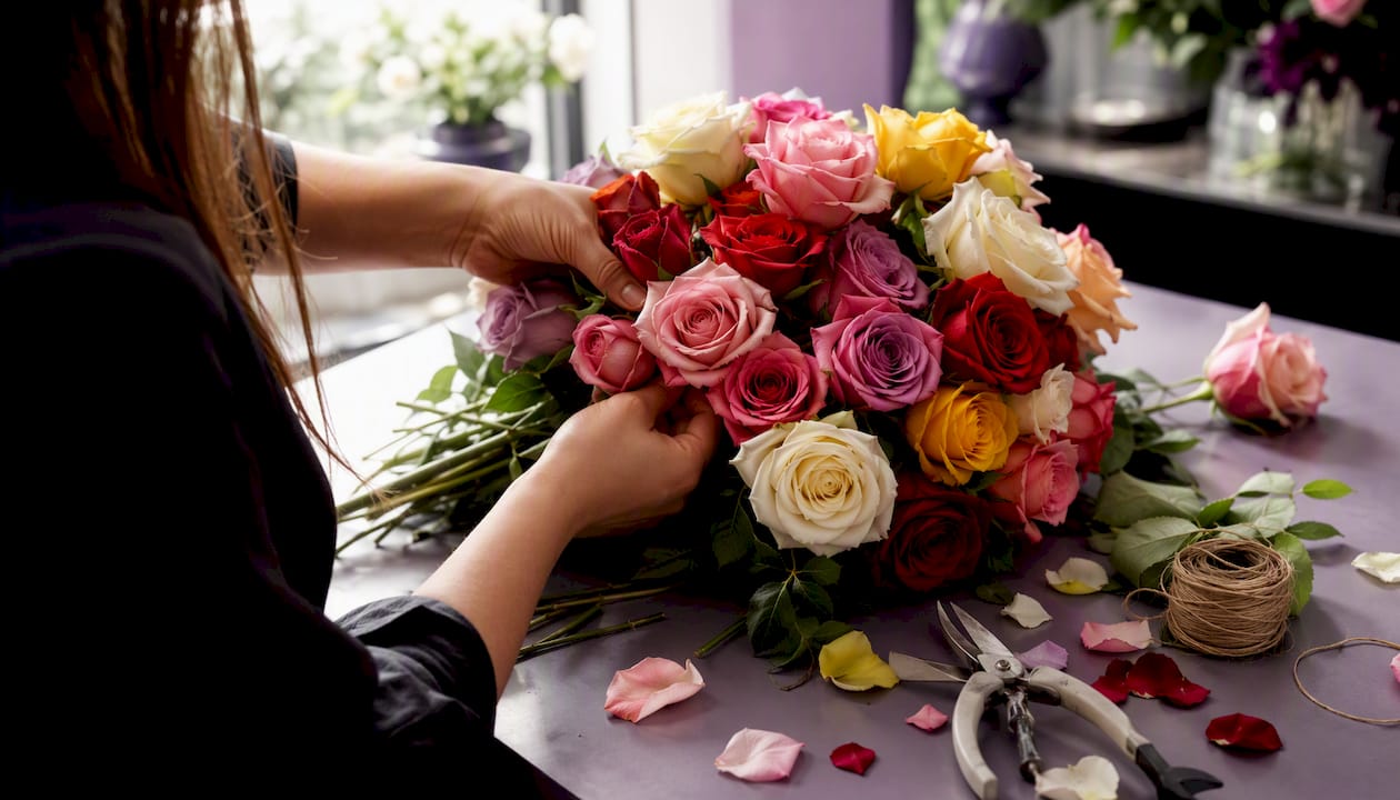 Florist tying colorful rose bouquet