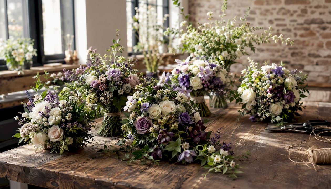 Variety of bridal bouquets on table