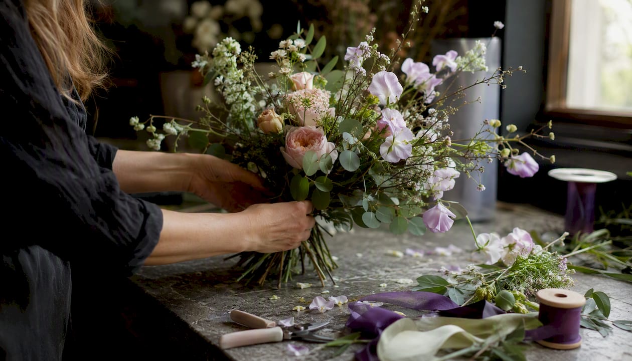 Florist tying loose garden bouquet