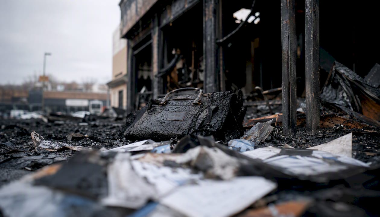 Burned storefront ruins after fire damage