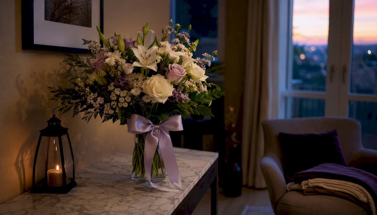 Modest sympathy flower bouquet on home console