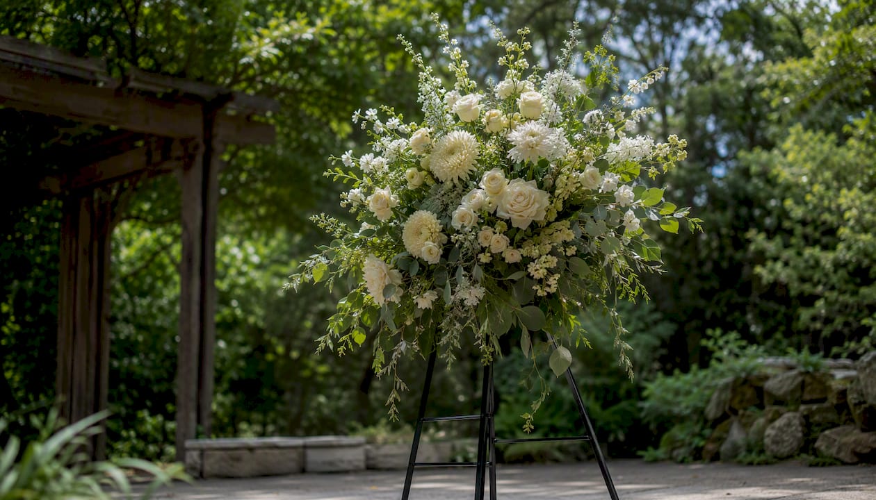 Standing spray floral arrangement at chapel