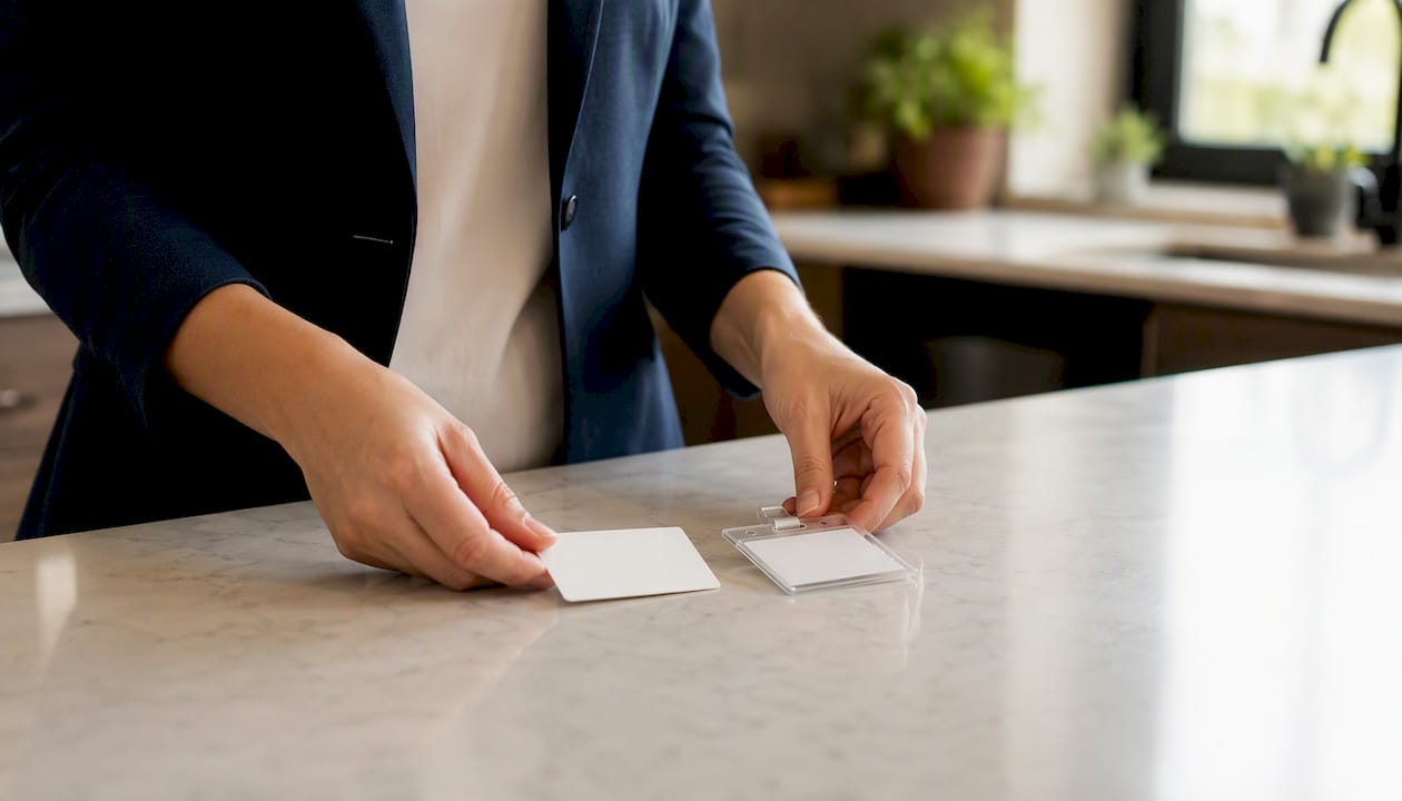 Agent arranging insurance card and ID badge