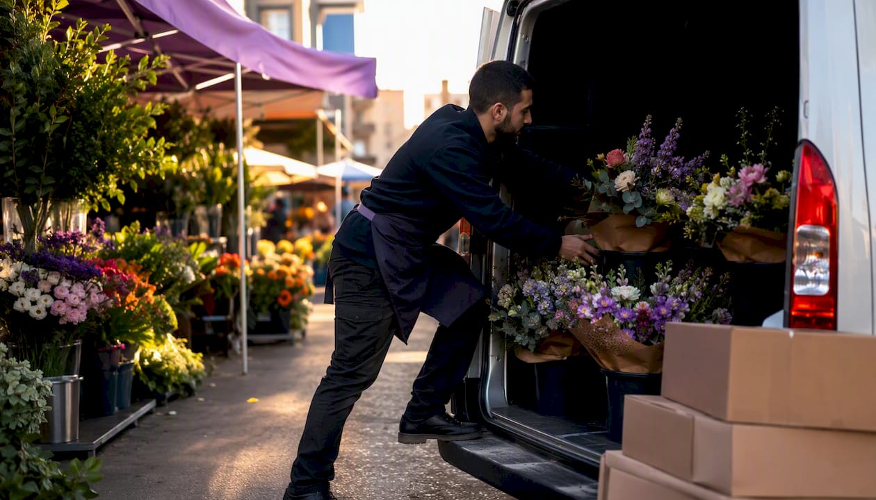Florist loading bouquets into delivery van