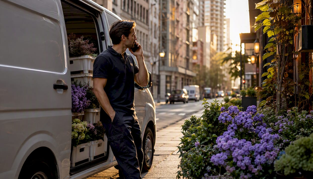 Driver calling recipient for flower delivery confirmation