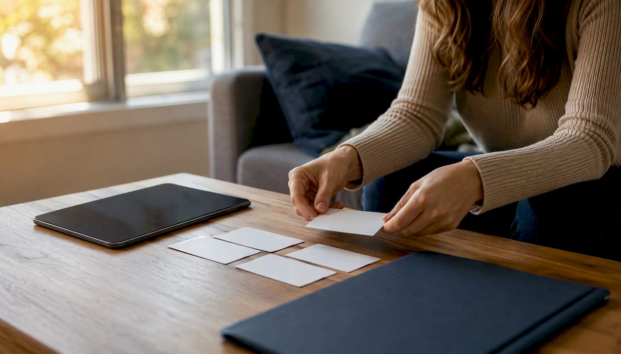 Hands organizing application documents and device