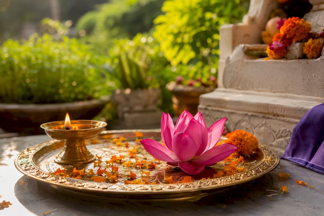 Lotus flower on puja altar with diya
