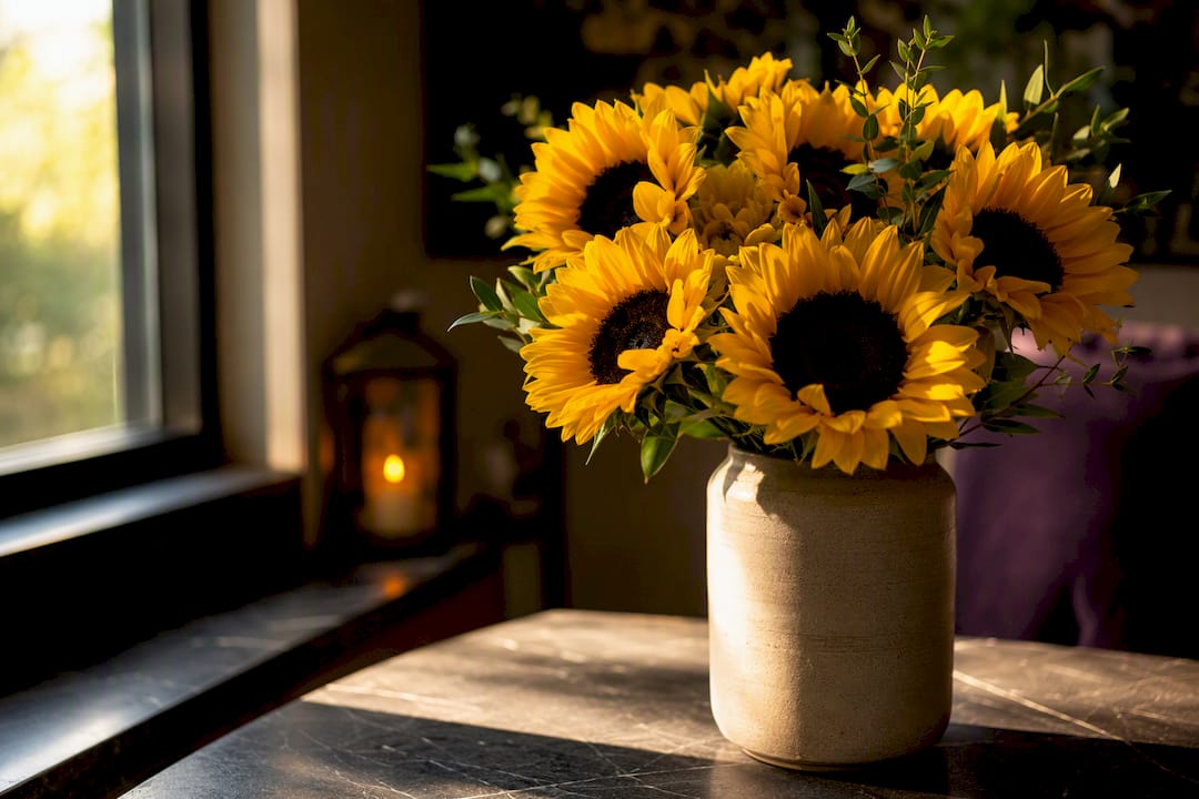 Cheerful sunflower bouquet on rustic table