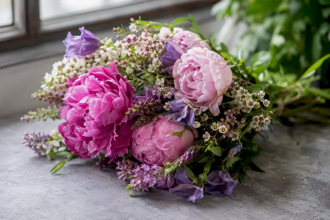 Close-up of bouquet focal and filler stems