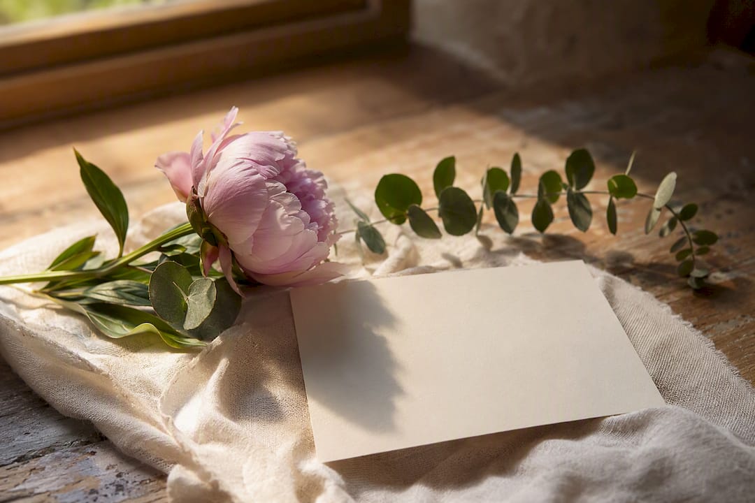 Single flower stem next to small blank card
