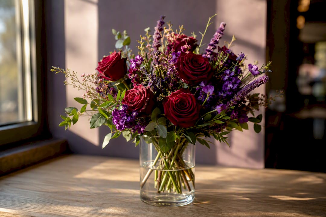 Elegant anniversary bouquet with roses and greenery