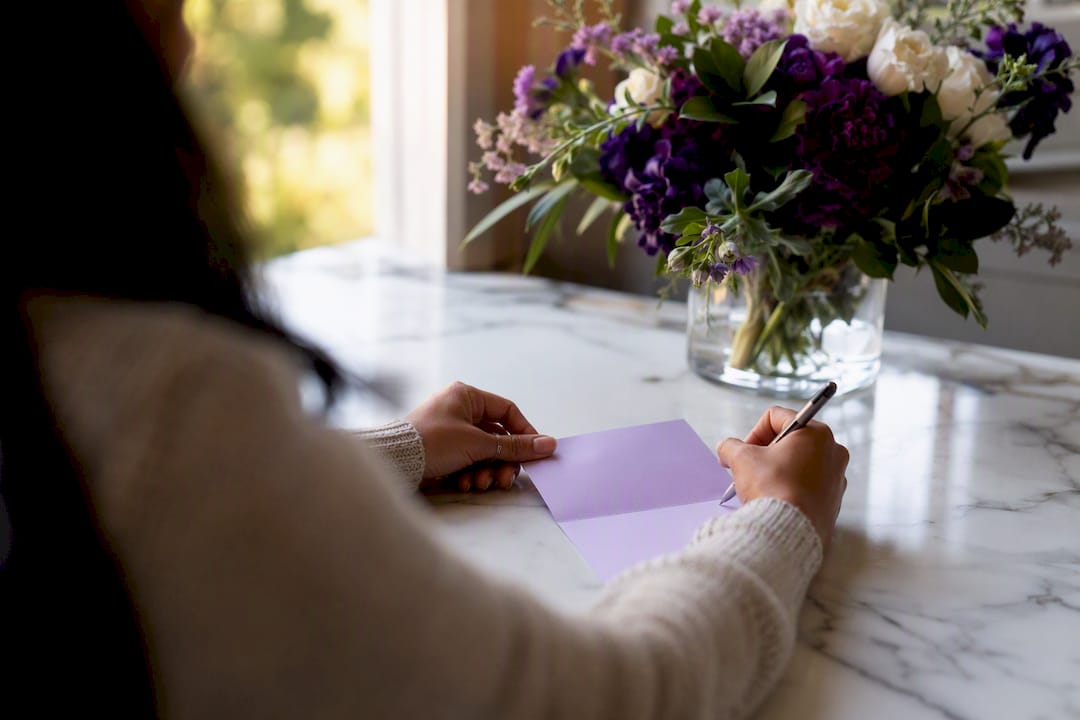 Person writing heartfelt anniversary card