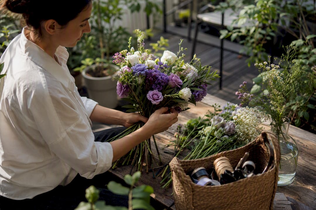 Hands arranging anniversary flower bouquet