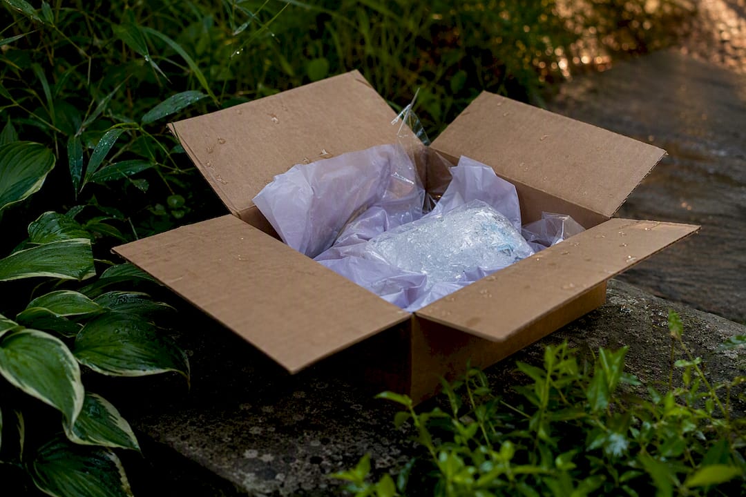 Flower subscription packaging waste in open box