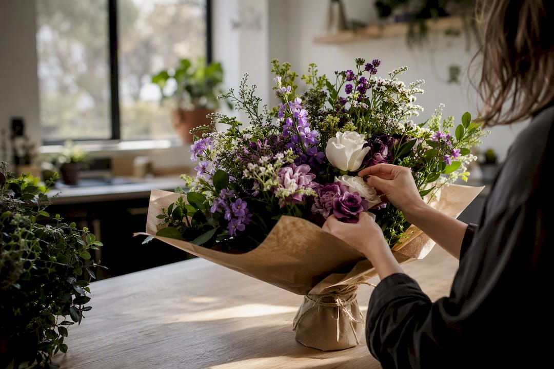 Freshly tied seasonal flower bouquet on counter