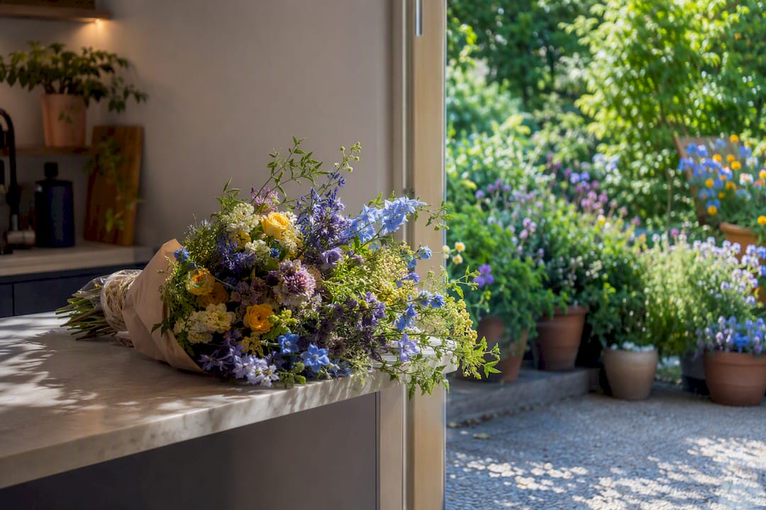 Flower bouquet under warm indoor and cool outdoor light