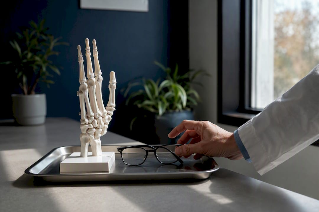 Anatomical hand model showing missing fingers