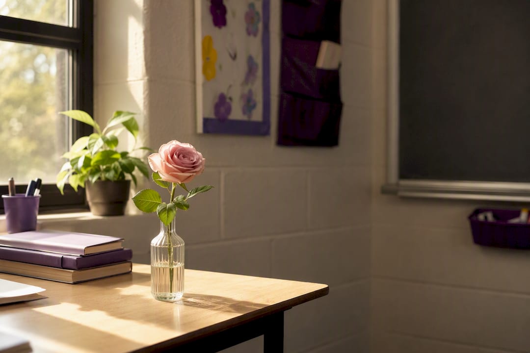 Small single flower with note on desk
