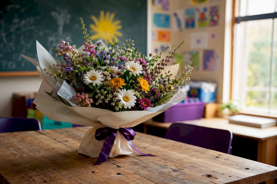 Group bouquet wrapped with purple ribbon on desk