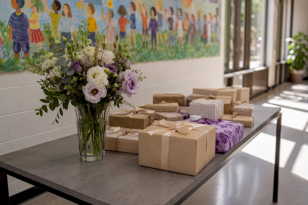 Classroom table with wrapped gifts and floral arrangement