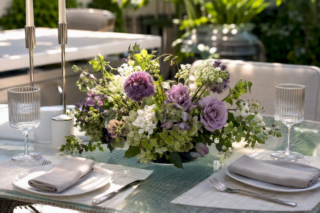 Low restaurant table floral arrangement with clear sight lines