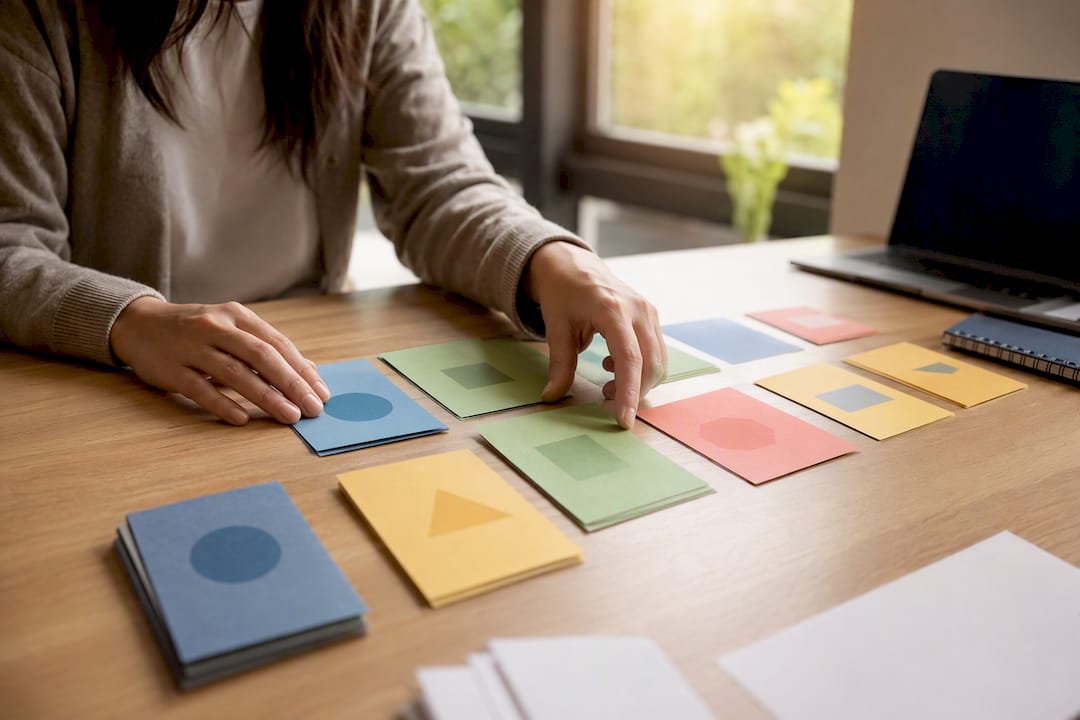 Hands organizing color-coded study cards