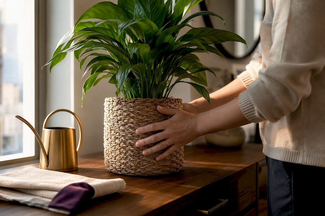 Leafy sympathy plant in decorative woven pot