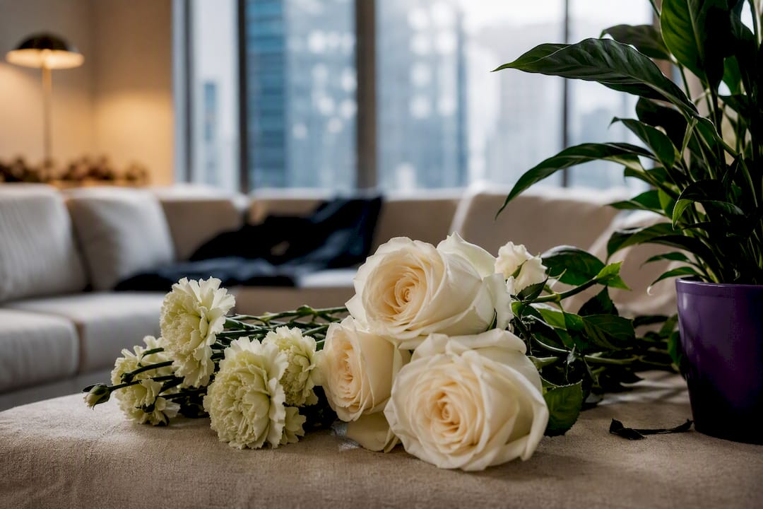 Cut flowers beside a leafy sympathy plant