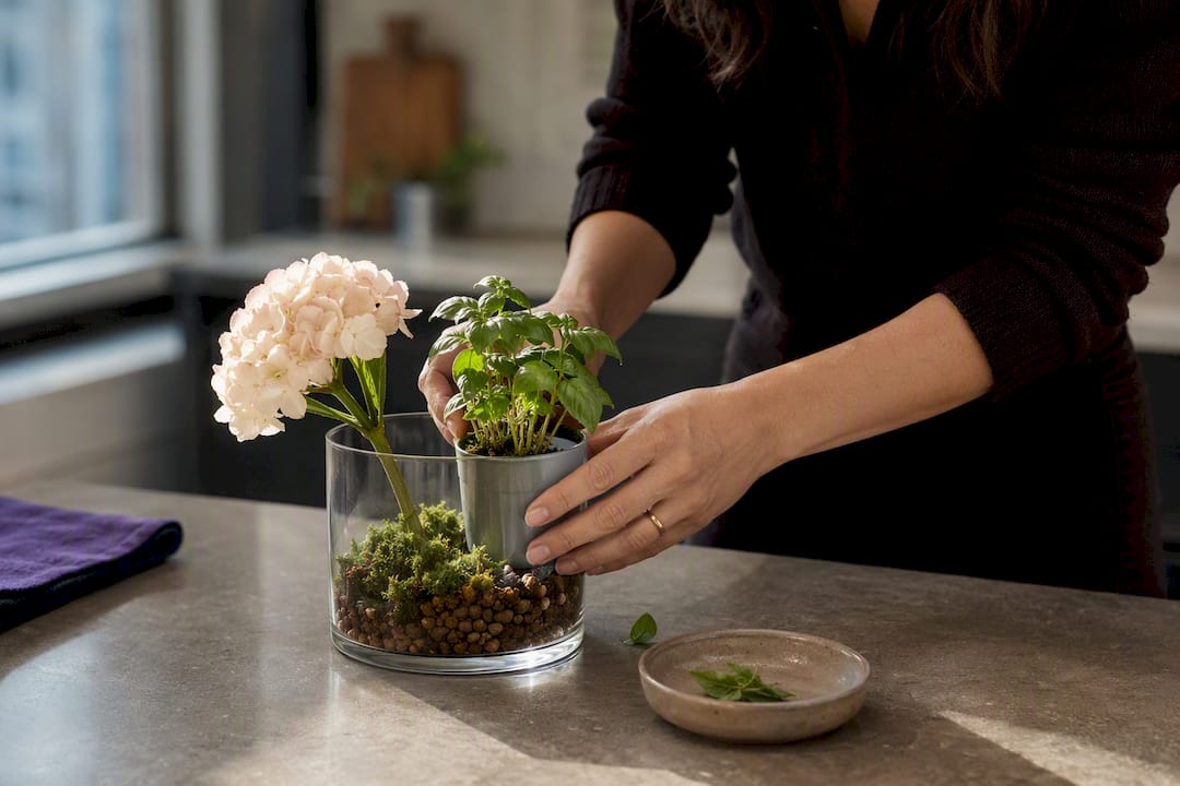 Potted herb beside a single flower stem