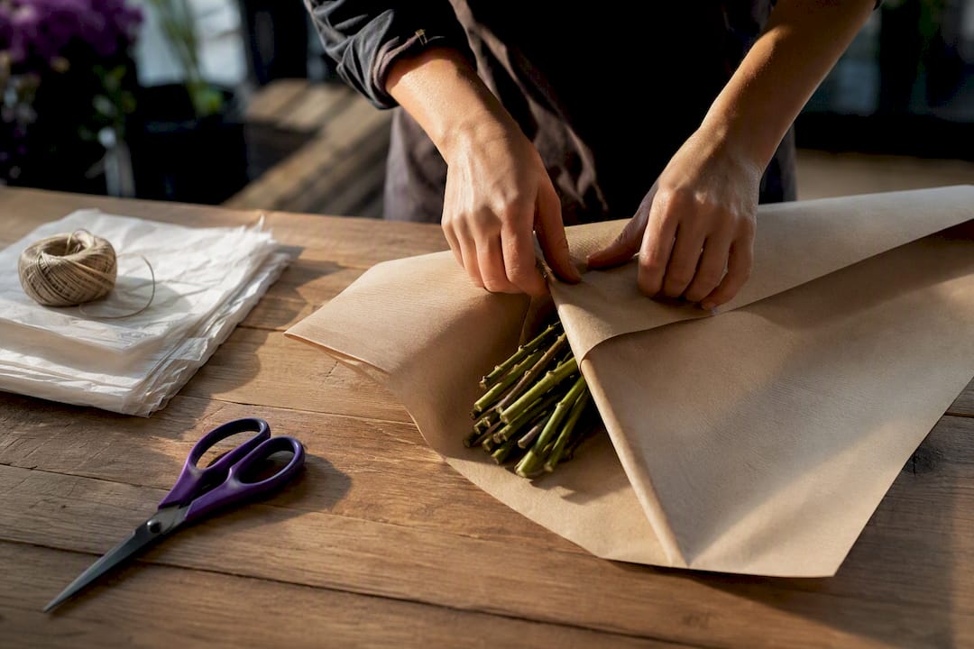 Florist folding sustainable paper around flower stems