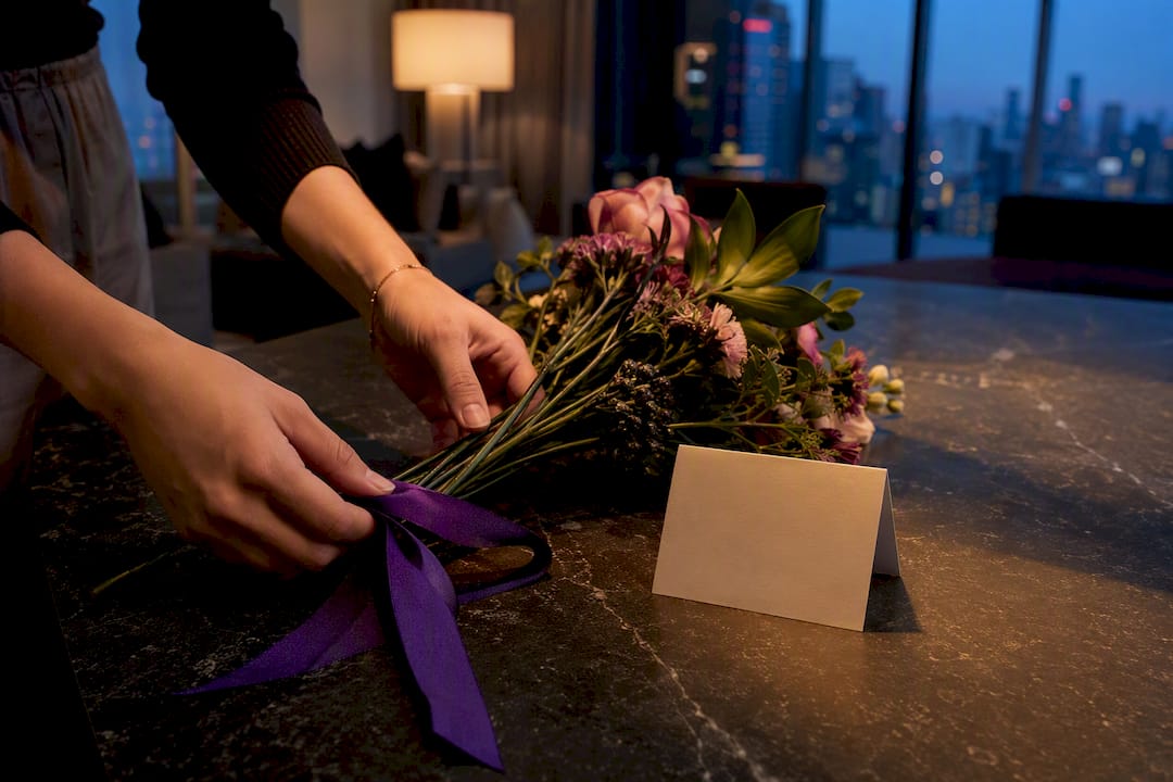 Romantic flowers beside a greeting card