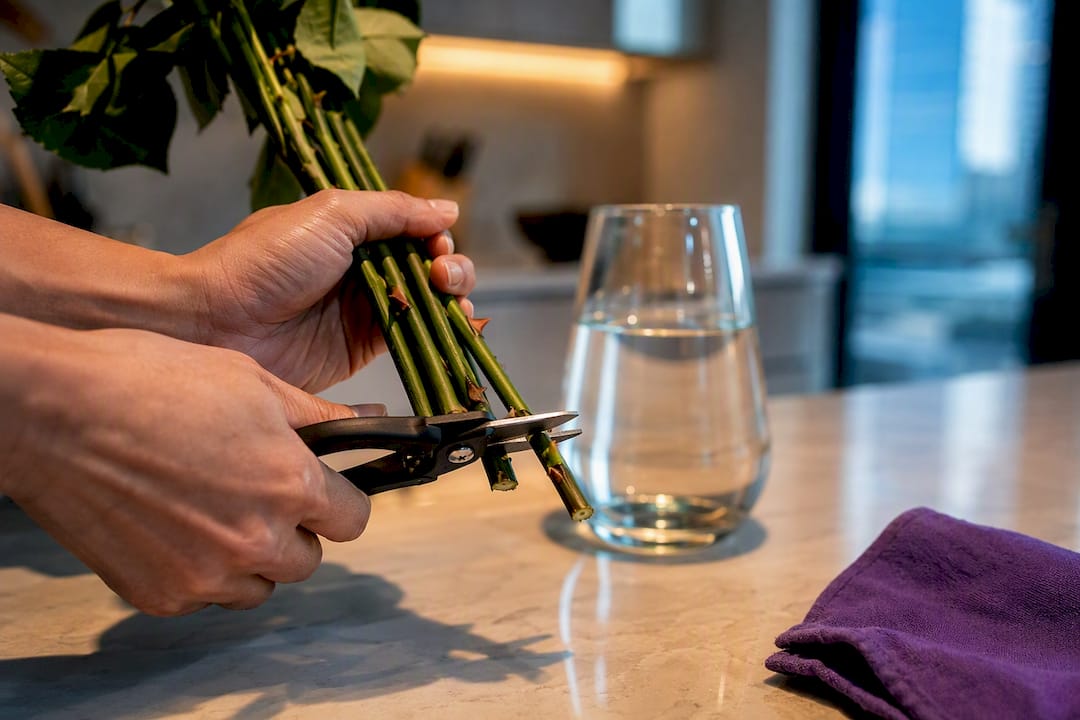 Hands trimming rose stems beside clean vase water