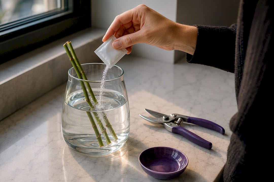 Flower preservative being added to vase water