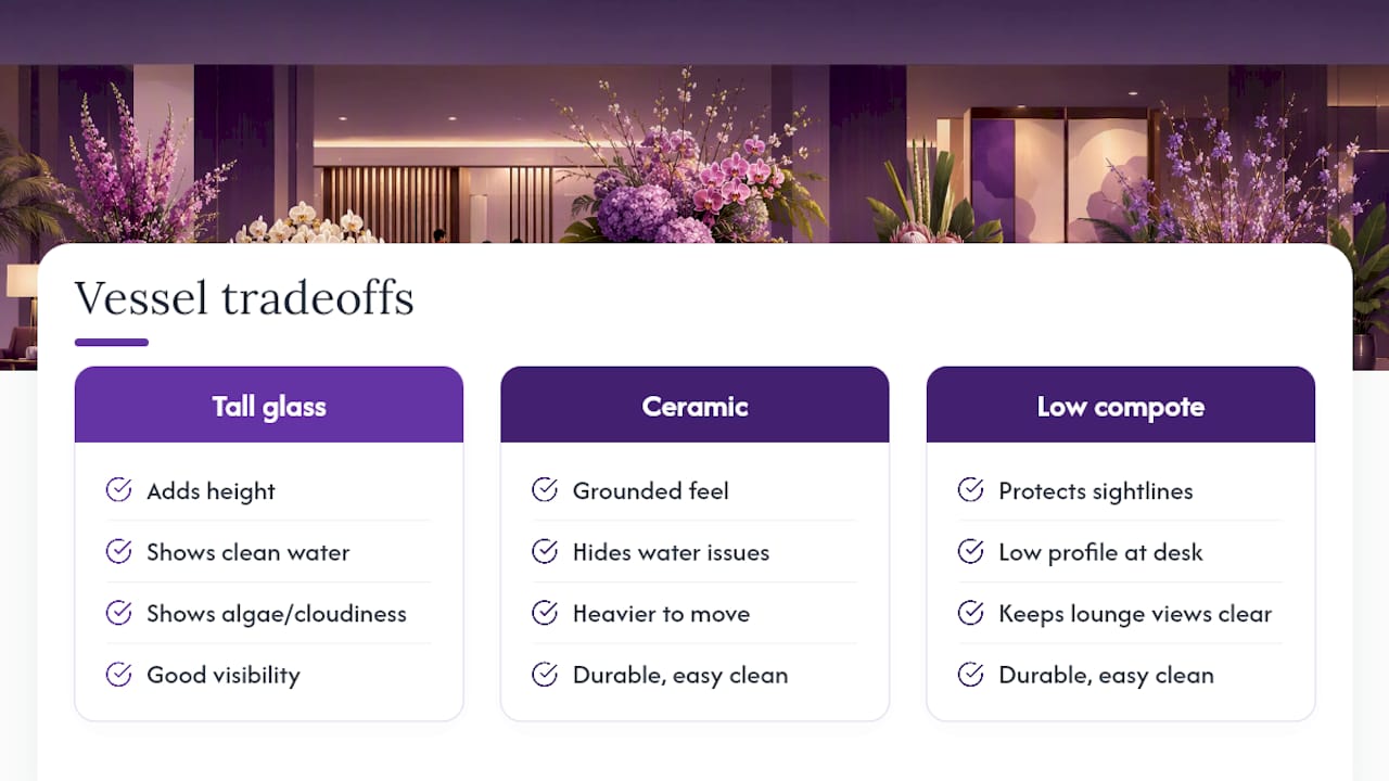 Comparison of three hotel flower vessel types
