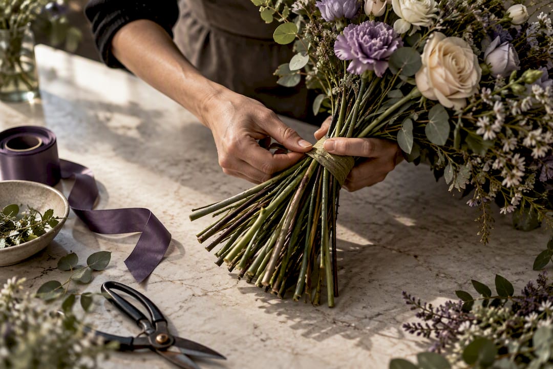 Florist binding handcrafted wedding bouquet stems