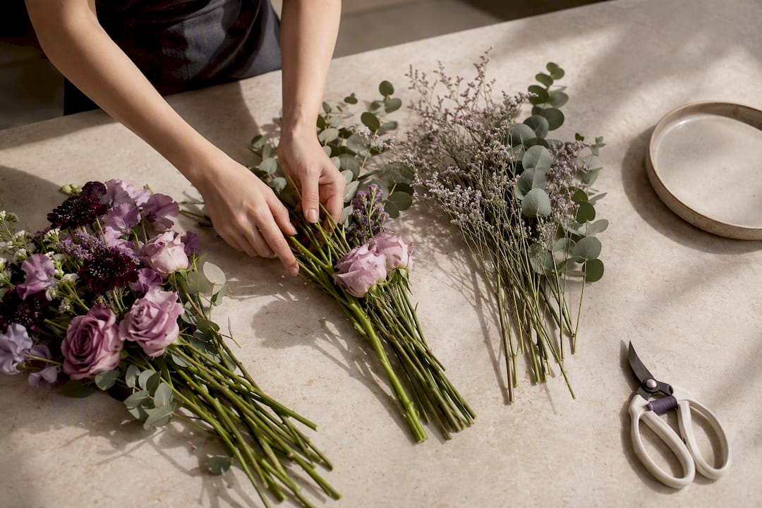 Florist sorting focal filler and greenery stems