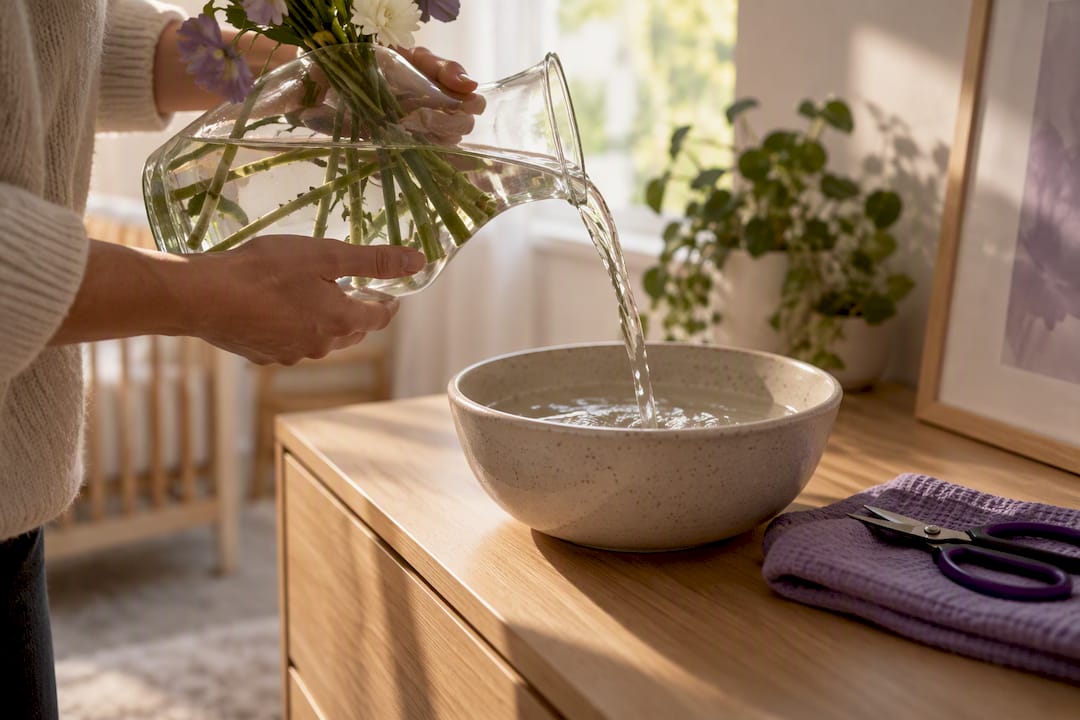 Hands refreshing flower vase water