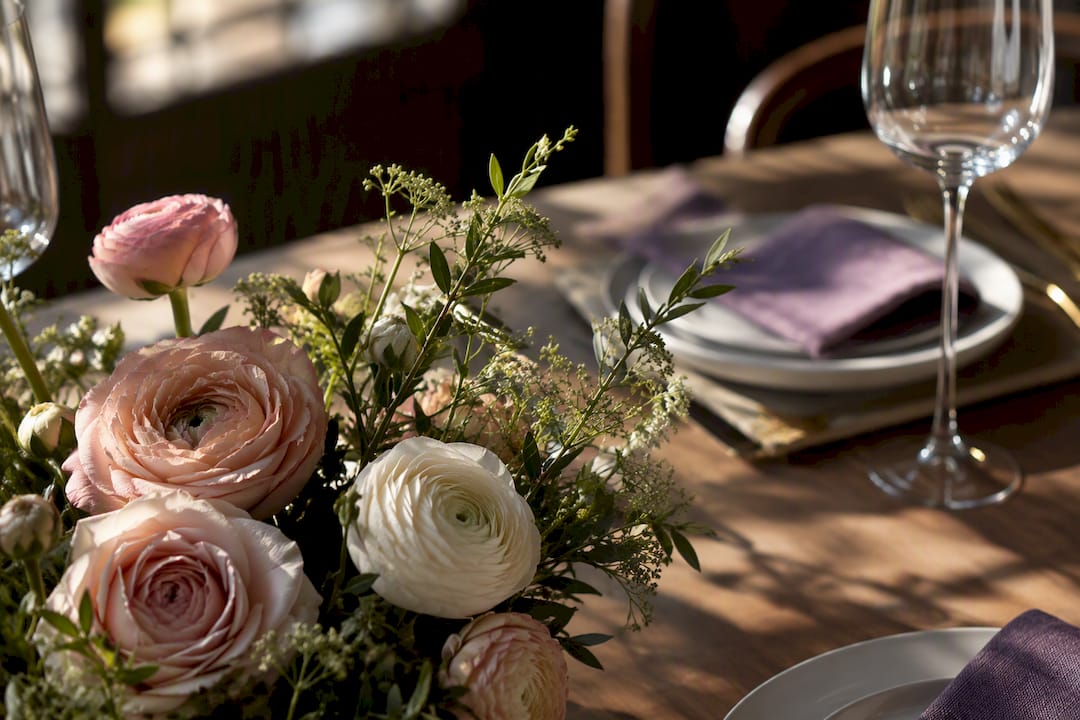 Close-up of intimate wedding table flowers