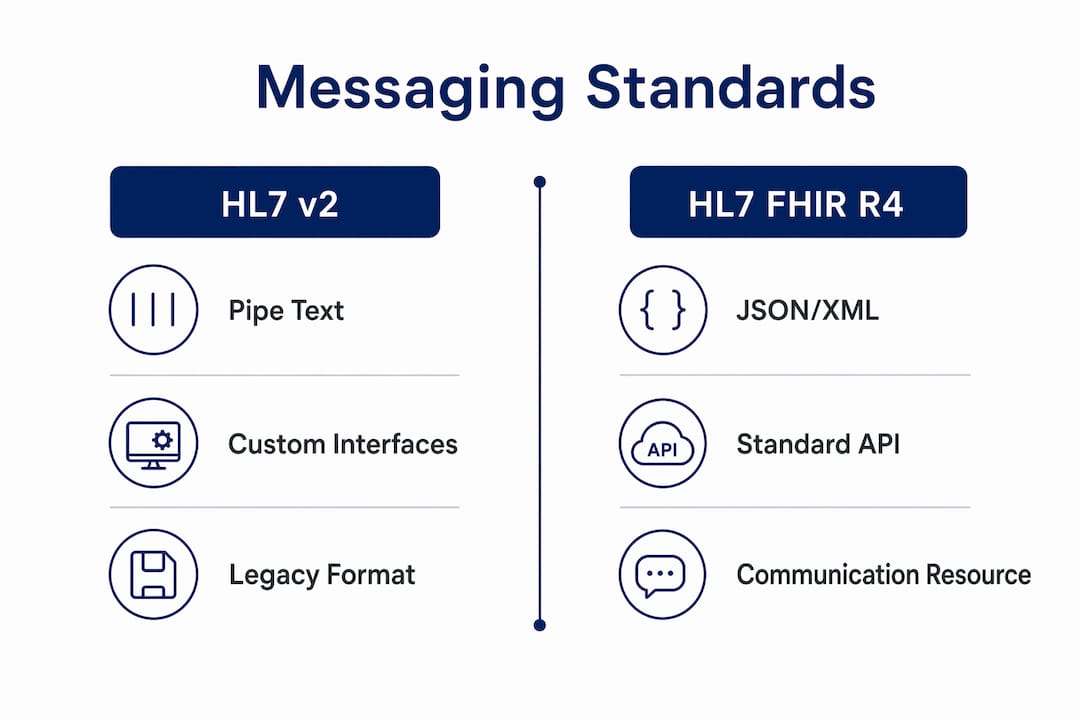 Infographic comparing HL7 v2 and HL7 FHIR R4 standards