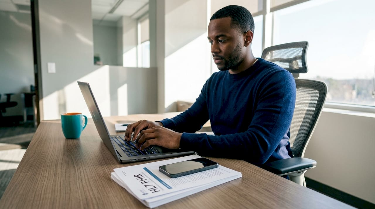 IT specialist hands typing with HL7 FHIR documents
