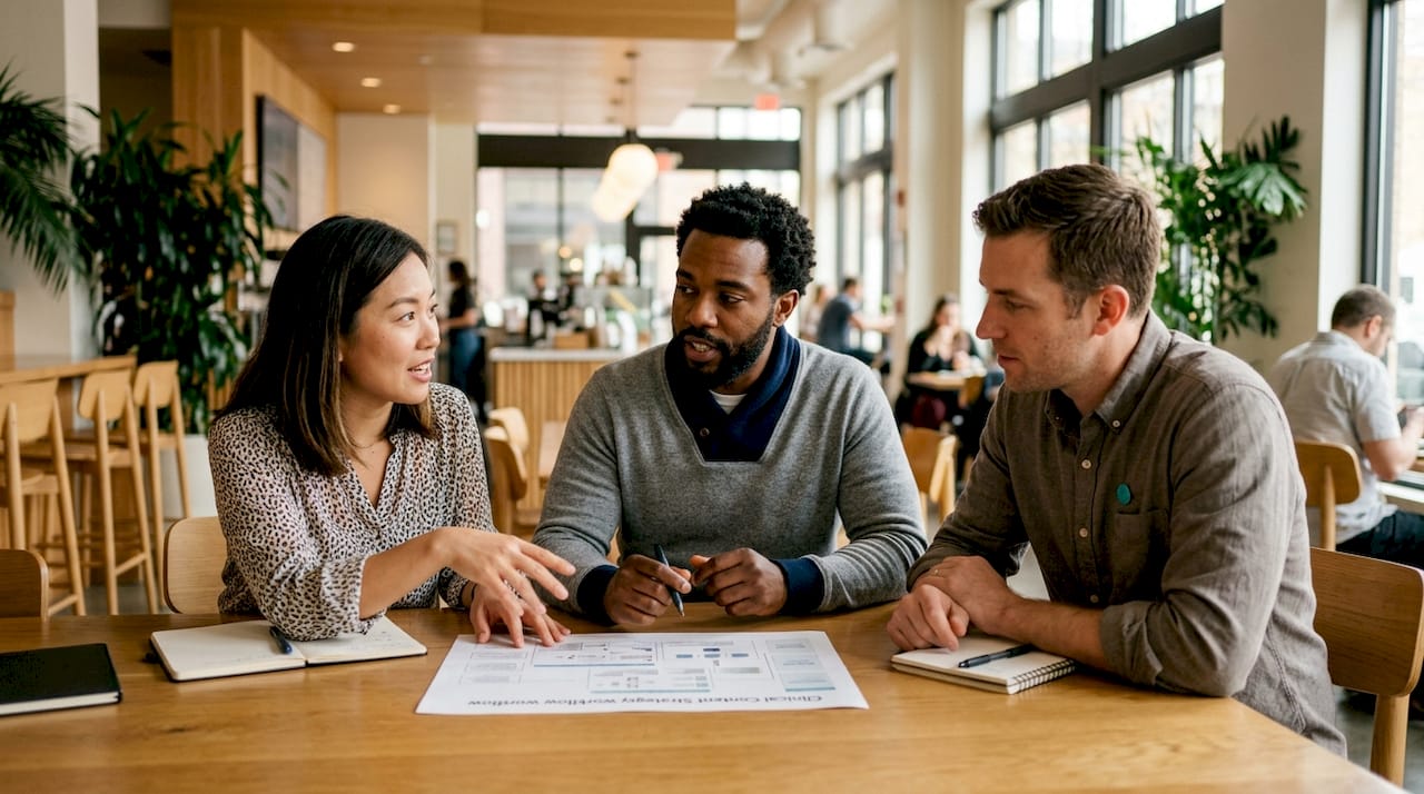 Healthtech team collaborating over clinical content strategy