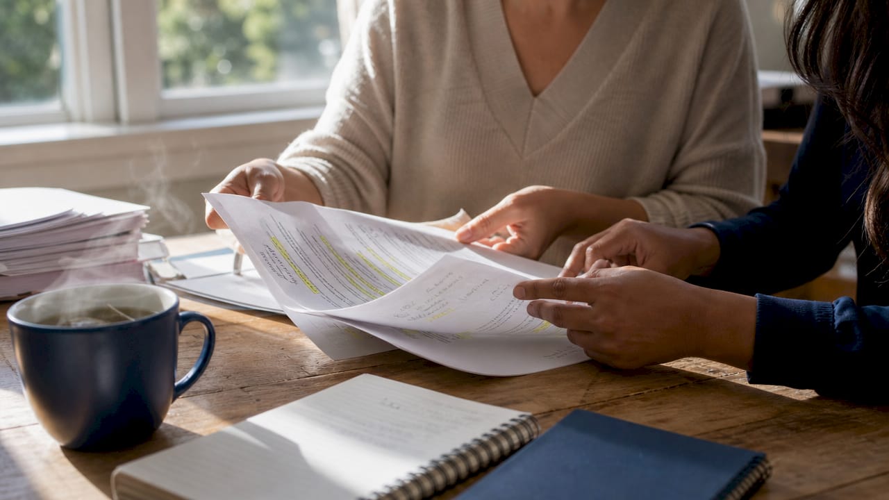 Hands reviewing clinical trial papers on desk