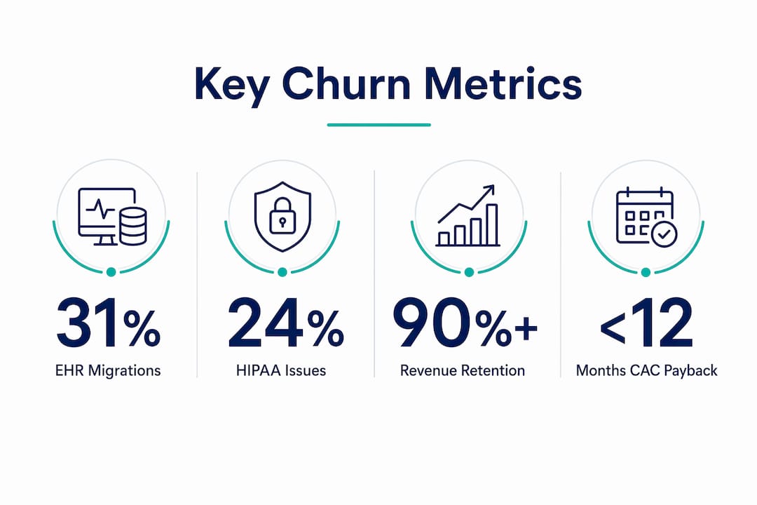 Infographic showing key healthcare SaaS churn metrics with percentages